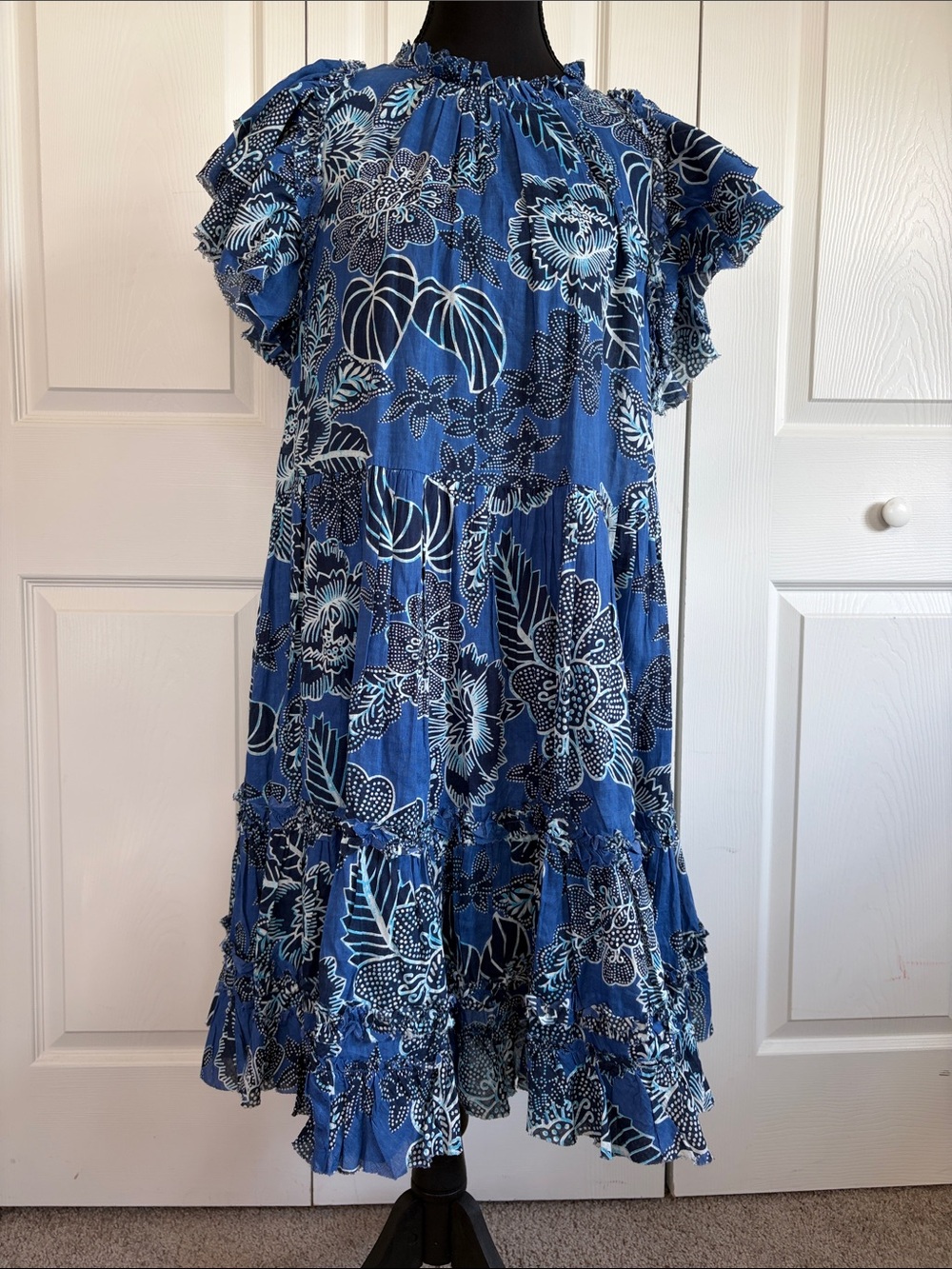 Love The Label Blue White Black Floral 100% Cotton Tiered Ruffle Mini Dress L